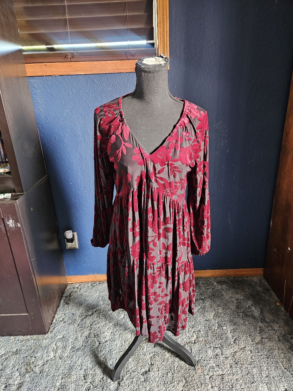 Taylor Burgundy Floral V-Neck Tiered Dress